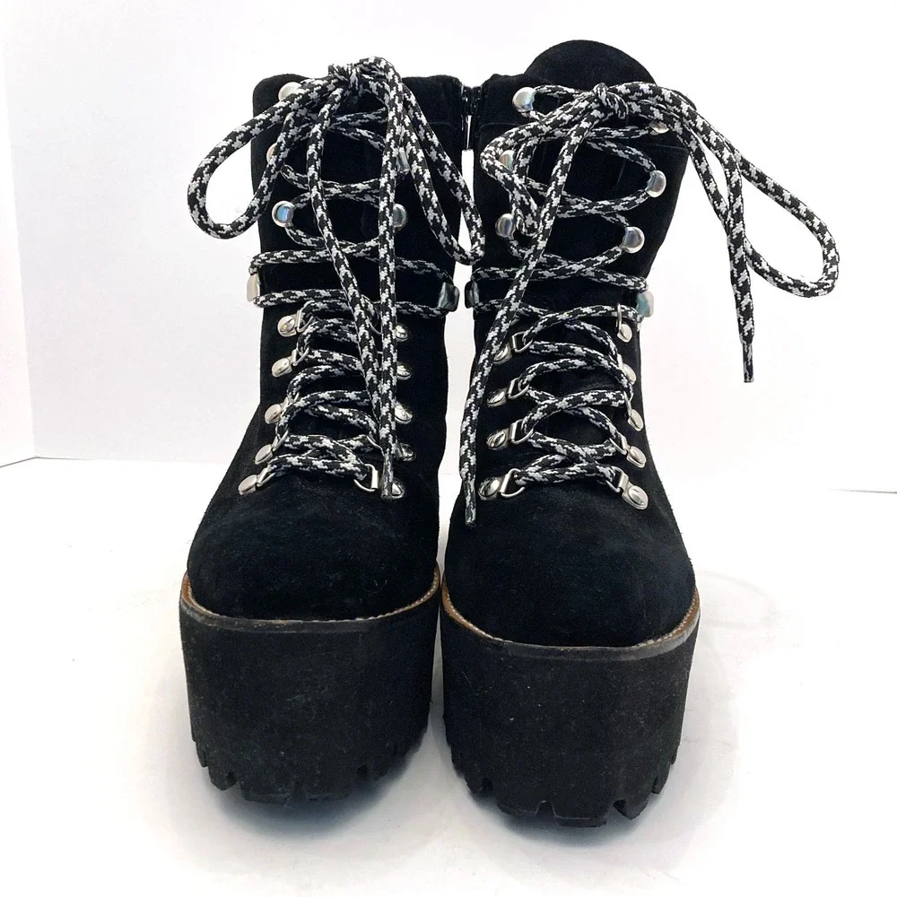 Jeffrey Campbell Platform Hiking Boots Black Suede Leather Womens 11 Lace Up